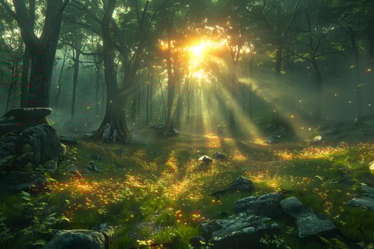 Magical Forest with Sunlight Breaking through Trees - Nature, Serenity, Landscape, Nature Poster Design photo