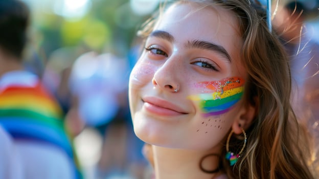 Woman with LGBT rainbow flag painted on her cheek at face sign of freedom and equality. photo