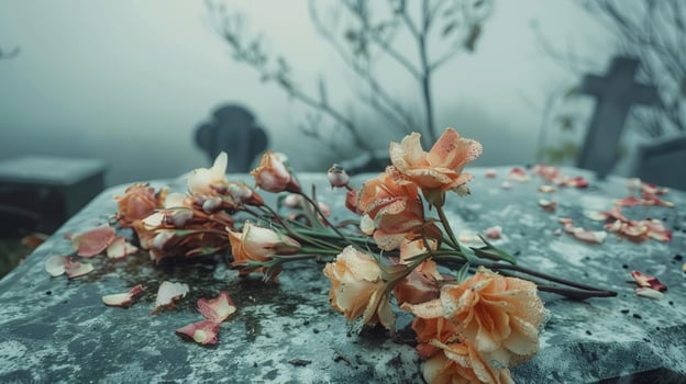 Close-up shot, somber bouquet of wilted flowers, withering petals laying on a cemetery stone, overcast sky, watercolor effect, delicate brushstrokes, deep emotional resonance, funeral concept photo