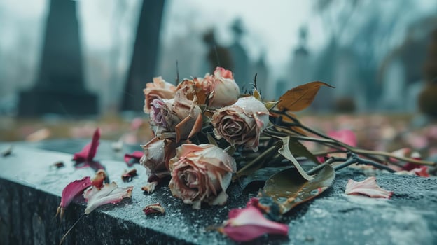 Close-up shot, somber bouquet of wilted flowers, withering petals laying on a cemetery stone, overcast sky, watercolor effect, delicate brushstrokes, deep emotional resonance, funeral concept photo
