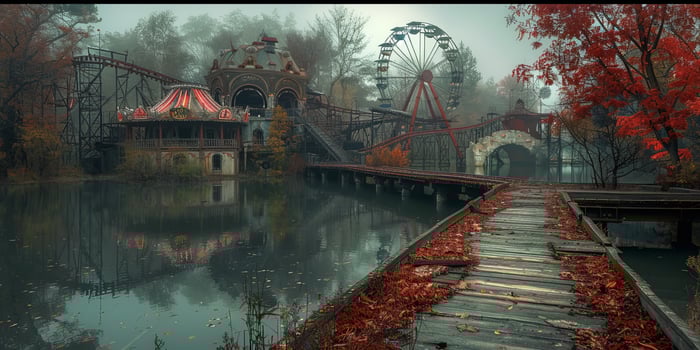 Pixel art of abandoned amusement park with roller coaster ferris wheel photo
