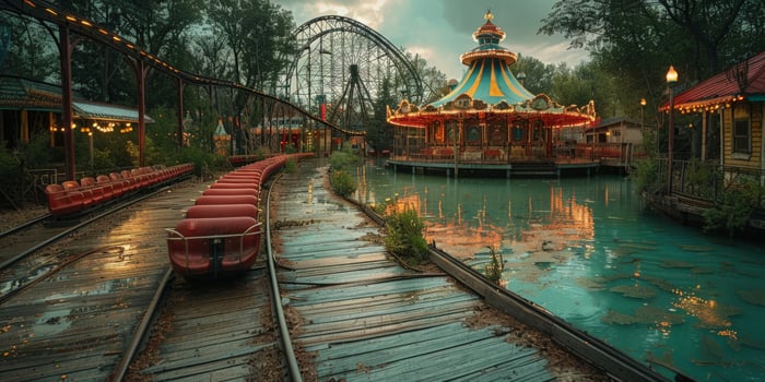 Enjoy a roller coaster ride on train tracks at an amusement park photo