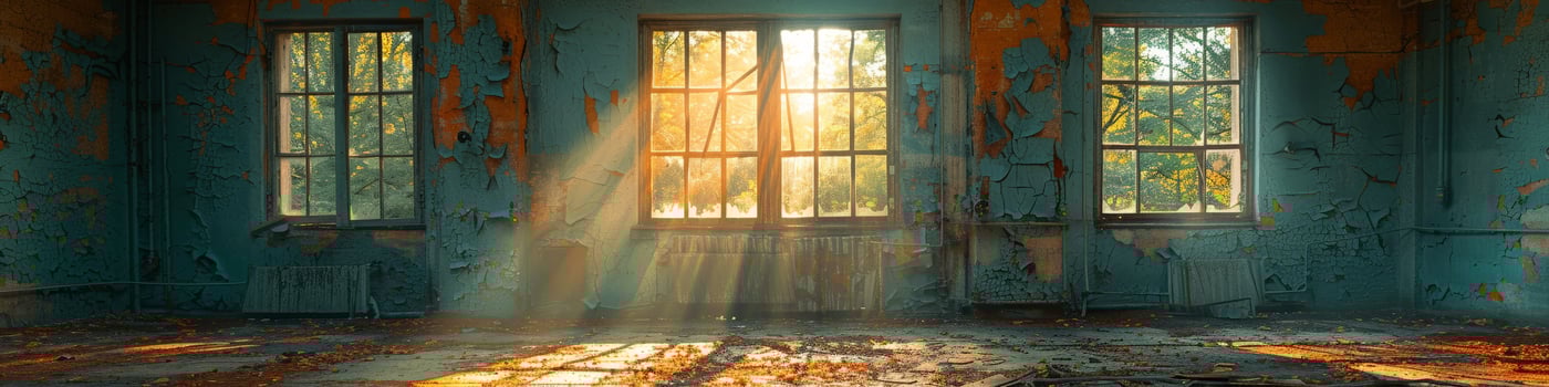 Sunlight shines through windows, warming deserted building photo