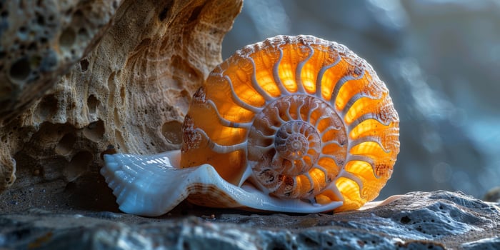 A detailed view of an ammonite shell resting on a rock photo