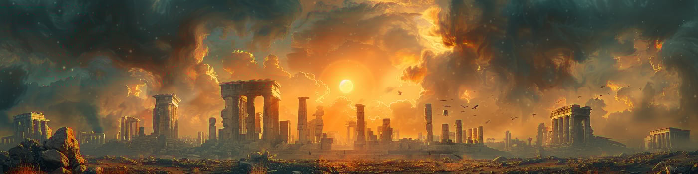 A city in ruins with the sun setting in the background photo