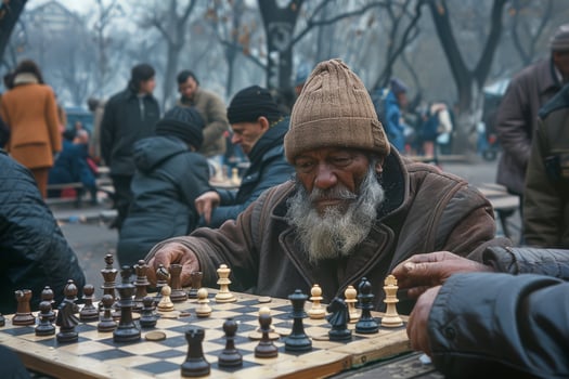 A man wearing a jacket is sitting in a park playing chess with a beard photo