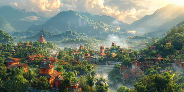 A city surrounded by a forest and mountains, under a dramatic sky photo