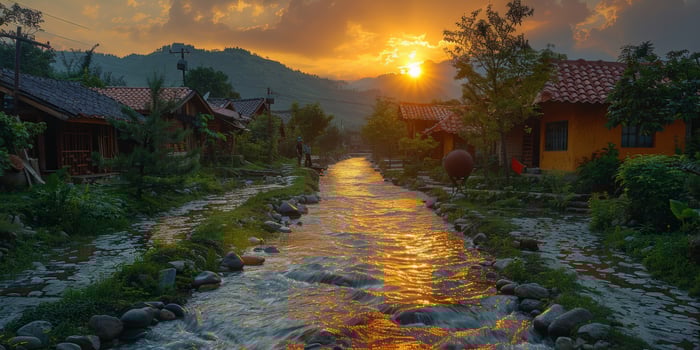 A beautiful pixel art depicting a river flowing through a village during sunset photo