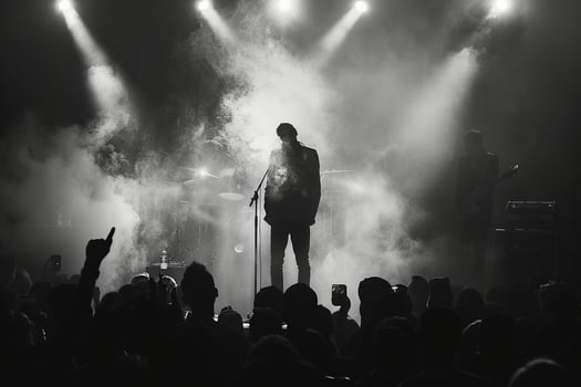 A man singing into microphone on stage in front of audience at concert photo
