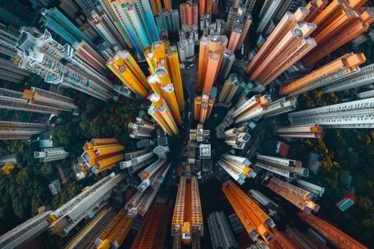 An overhead perspective of a cityscape featuring numerous skyscrapers photo