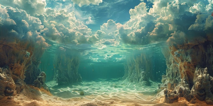 A cave located in the ocean with a cloudy sky in the backdrop photo