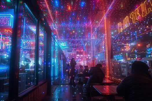 People at tables in front of a neon sign saying a photo