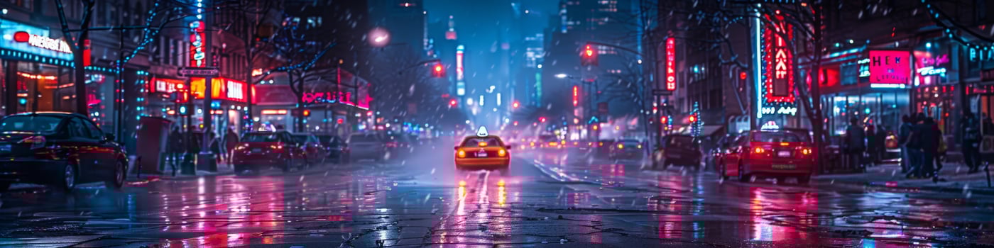 City street at night in rain, taxi driving down illuminated by lights photo
