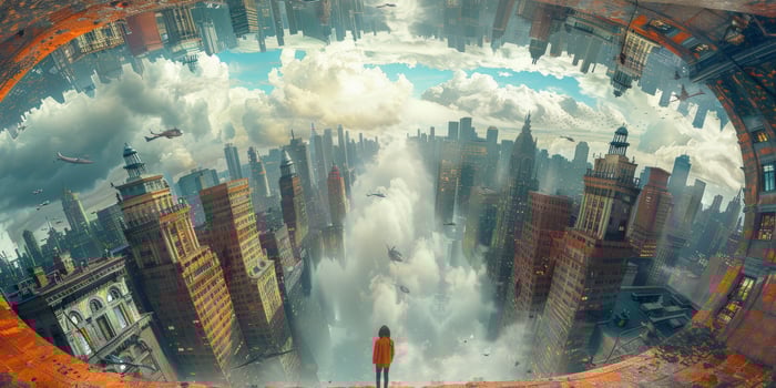 A man standing on a cliff overlooking a city in the sky photo
