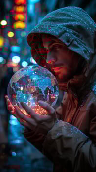 A man in a hooded jacket holds a snow globe with various winterthemed elements photo