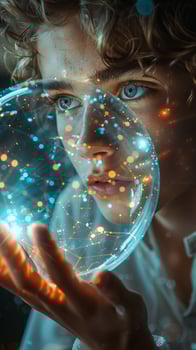Man holding glass sphere with water, body, flash, eyelash, organism, stars photo