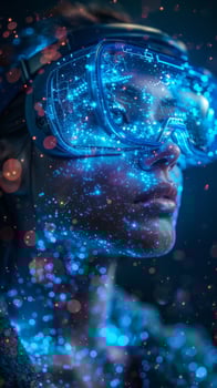 A woman wearing a VR headset stands amidst bright blue lights photo