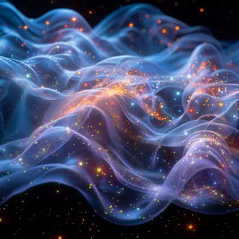 Computer generated glowing particle wave on black background photo