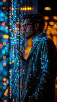 A man is focused on a computer screen displaying numerous dots photo