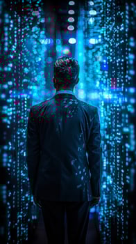 A man dressed in elegant attire stands in front of a vibrant blue light wall photo