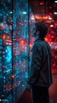 A man stands in front of a glass wall, looking at a computer screen photo