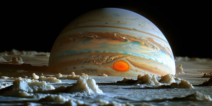 The gas giant Jupiter is marked by a conspicuous red spot on its surface photo