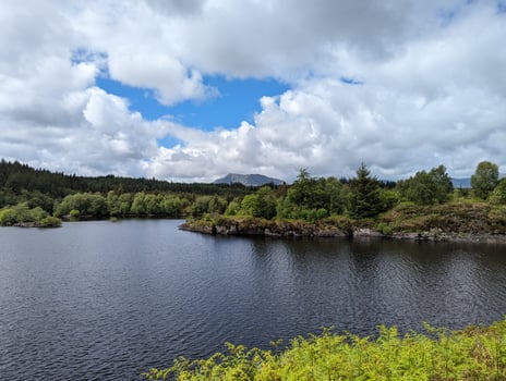 Serene Lake Scene with Lush Green Forest and Cloudy Sky photo