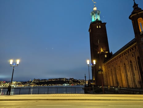 Evening view of Stockholm City Hall and street photo