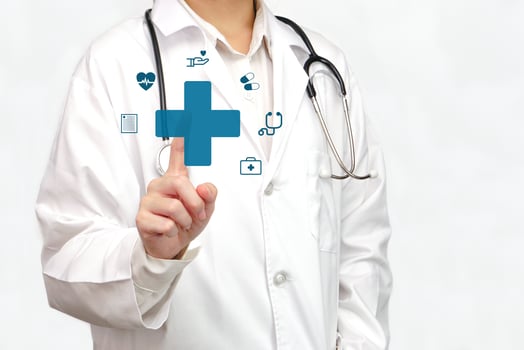Hand of doctor touching icon digital healthcare on modern interface. Health care and modern medical services concept. photo