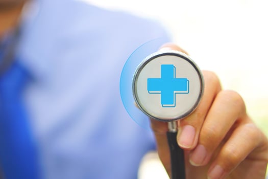 Icon symbol medical of treatment, check and stethoscope in background. Healthcare, physical examination and medical concept. photo