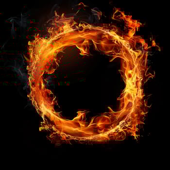Fiery ring composed entirely of flames against a black background. The flames form a perfect circular shape, with bright orange, yellow, and red hues that flicker and twist. photo