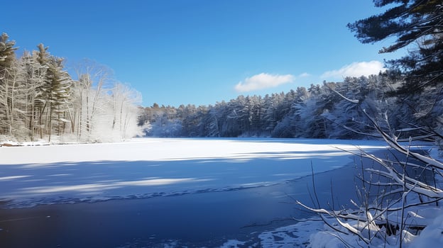 A frozen lake encircles a wintertime natural setting. photo