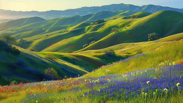 In spring, undulating hills blanketed in wildflowers photo