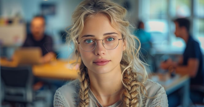 Young Woman With Blonde Braids Wearing Glasses in an Office Setting photo