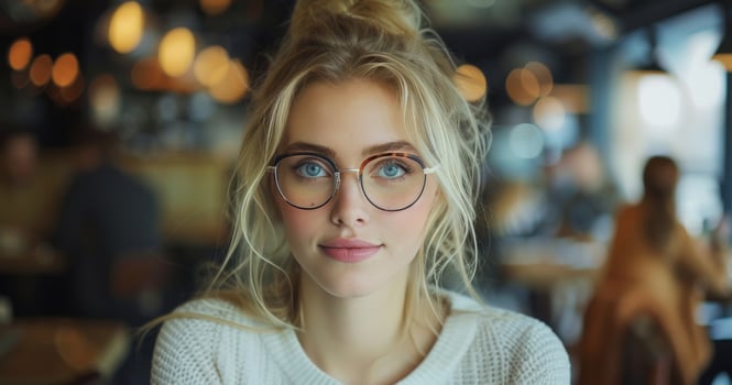 Woman With Blonde Hair and Glasses Sitting in a Coffee Shop photo