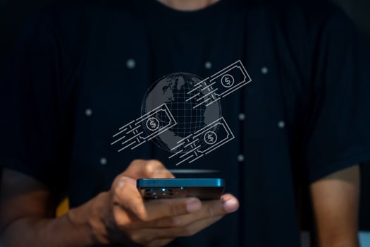 A man using smart phone to conduct online mobile banking, financial transaction or online payment. Money transfer via smart phone concept. photo