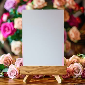 Blank wooden frame on wooden table with blurred roses background photo