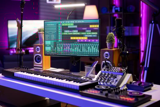 Empty space used for recording music on electronic tools in home studio, mixing and mastering tracks with modern equipment. Creating tunes with panel soundboard and performance console. photo