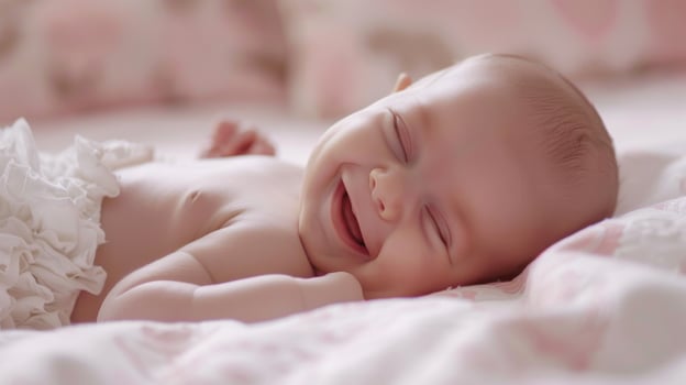Charming photo capturing a happy newborn baby girl, smiling while resting in a cozy environment