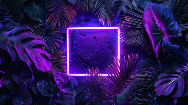 Minimalist neon frame featuring tropical elements and purple light. Contemporary design. photo