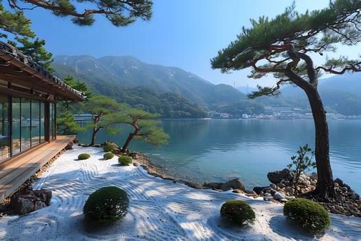 Tranquil Japanese Zen Garden by Serene Lake with Majestic Mountains in Background - Ideal for Nature Photography, Landscape Design, or Travel Posters photo