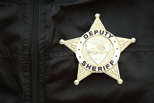 KYIV, UKRAINE - MARCH 9, 2024 US Deputy Sheriff badge on black jacket uniform photo