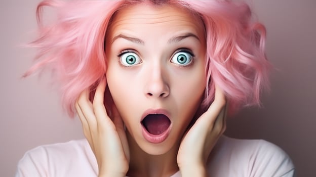 Girl with pink hair with an emotion of surprise on her face. Neural network photo