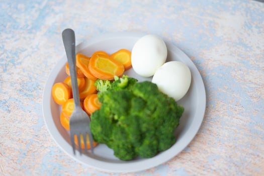 A breakfast diet plate without rice, featuring eggs, carrots, and broccoli, promoting a healthy and balanced meal photo