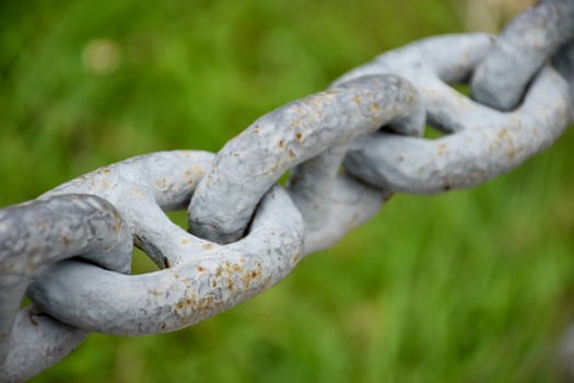 Close up rusted gray iron chain or steel rings connected together on grass green background. photo