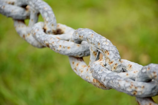 Close up a rusty iron chain or the interlocking steel rings show off the surface of the steel on green grass blurred background. photo