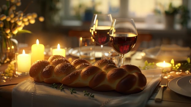 Shabbat dinner setting, focus on challah bread, wine, and glowing candles, photorealistic style, side view with ample copyspace, bright and serene atmosphere, top-down perspective photo