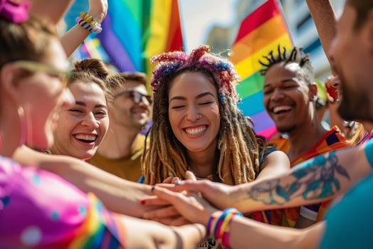 A group of joyful people celebrating pride, smiling and cheering under a clear blue sky, exuding happiness and unity photo