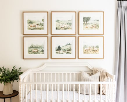 Nursery gallery wall, home decor and wall art, framed art in the English country cottage interior, room for diy printable artwork mockup and print shop photo