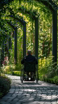 Elderly person in wheelchair exploring a serene, green garden pathway under arched trellises in the daytime. photo